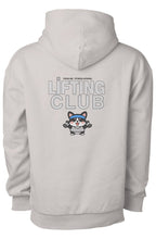 beige hoodie with 'Lifting Club' text and cartoon character on the back, on a white background.