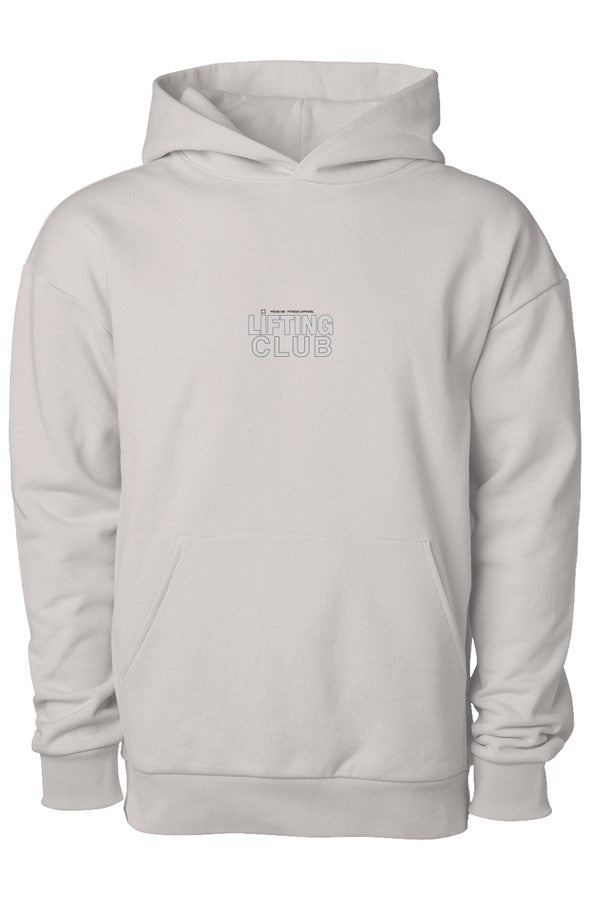 Light gray hoodie with black text on a white background