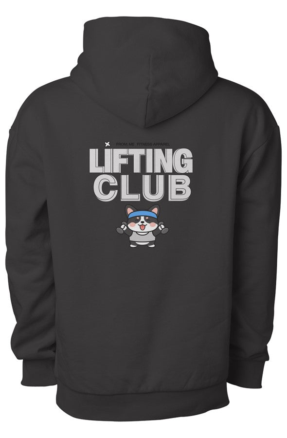 Black hoodie with 'Lifting Club' text and cartoon character on the back | From Me Fitness Apparel
