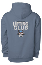 Blue hoodie with 'Lifting Club' text and cartoon character on the back