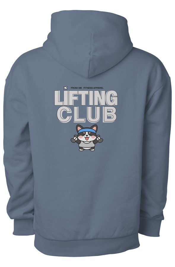 Blue hoodie with 'Lifting Club' text and cartoon character on the back