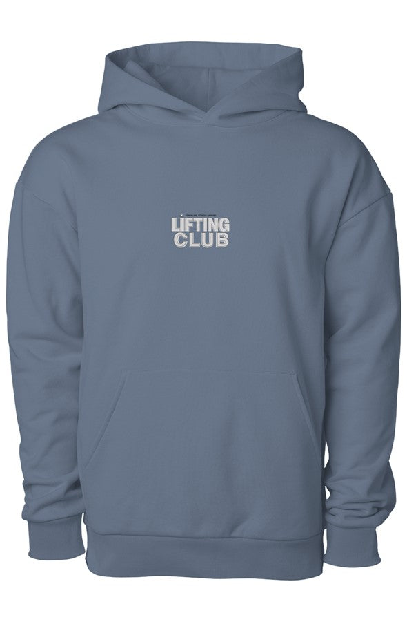 Blue hoodie with 'Lifting Club' text on a white background