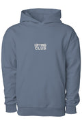 Blue hoodie with 'Lifting Club' text on a white background