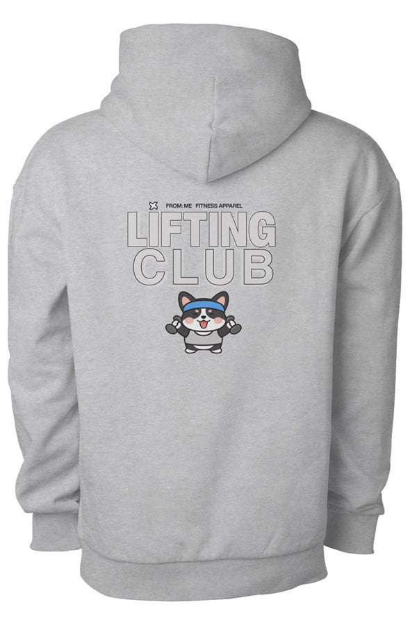 Light gray hoodie with 'lifting club' logo on the back against a white background | From Me Fitness Apparel