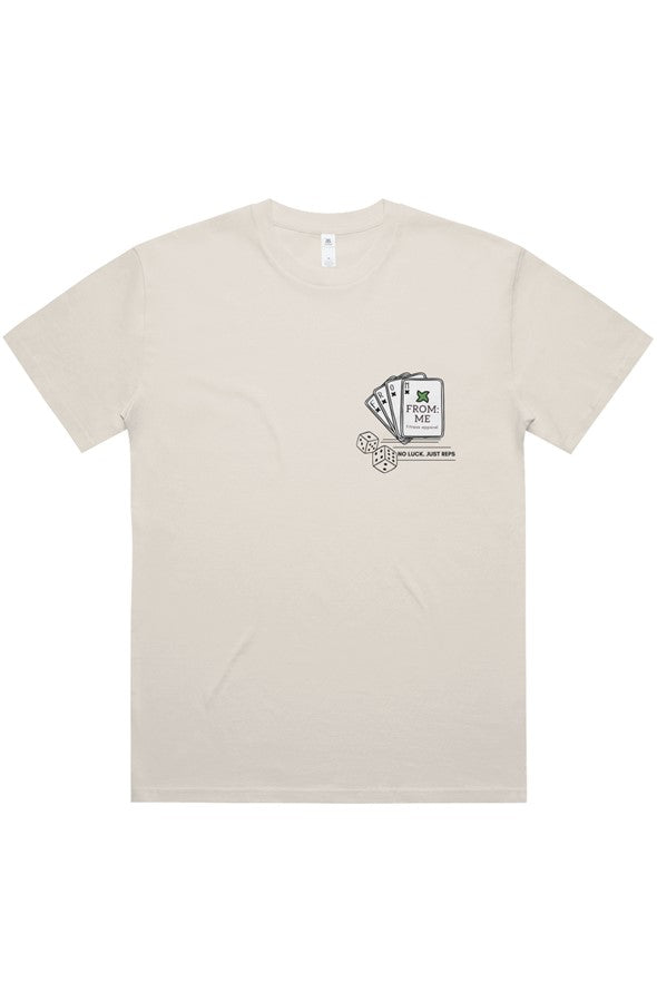 Beige t-shirt with a graphic design on the back against a white background