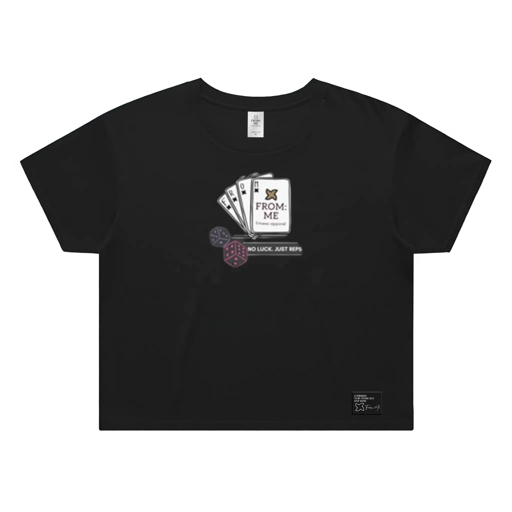 A black short-sleeve t-shirt with a graphic on the chest depicting playing cards and dice, with the text 'FROM ME NO LUCK, JUST REPS'.