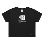A black short-sleeve t-shirt with a graphic on the chest depicting playing cards and dice, with the text 'FROM ME NO LUCK, JUST REPS'.