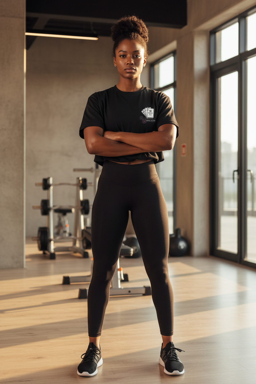 Person in black athletic wear standing in a gym | From Me Fitness Apparel