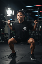 Man performing a squat with a barbell in a gym setting | From Me Fitness Apparel