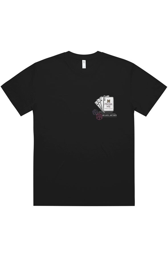 Black t-shirt with a small graphic on the chest against a white background