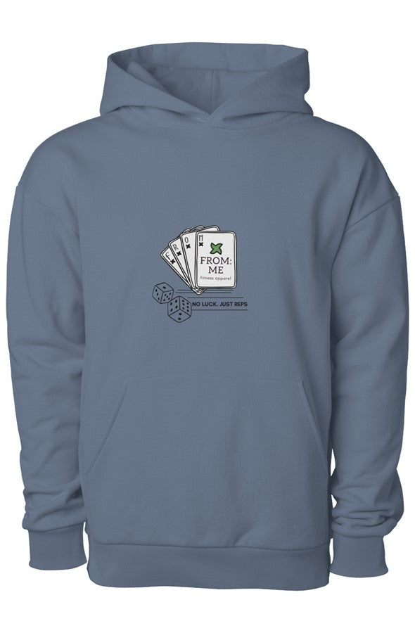 Blue hoodie with a graphic design on the chest against a white background | From Me Fitness Apparel