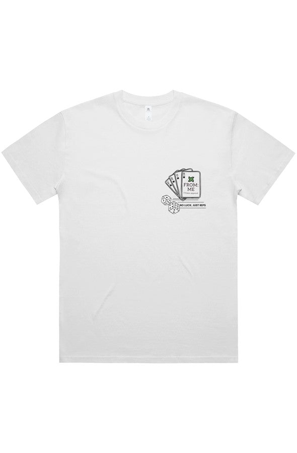 White t-shirt with black graphics on a white background