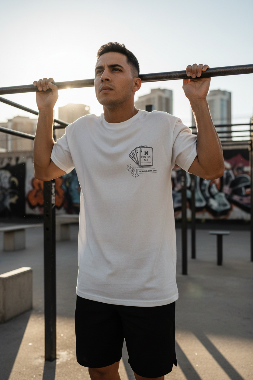 Man doing pull-ups on a rooftop with cityscape in the background | From Me Fitness Apparel