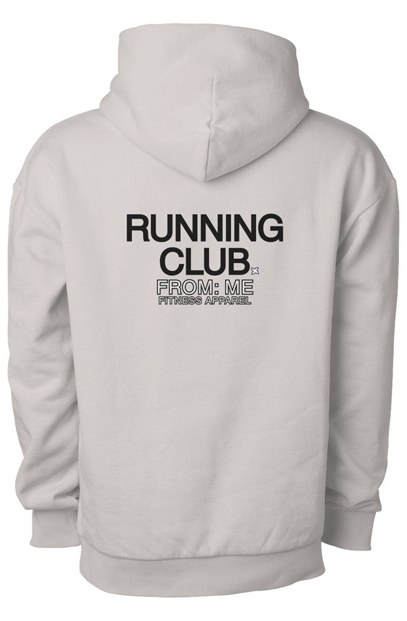 Gray hoodie with 'RUNNING CLUB' text on the back against a white background | From Me Fitness Apparel