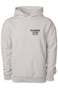 Light gray hoodie with 'RUNNING CLUB' text on a white background | From Me Fitness Apparel