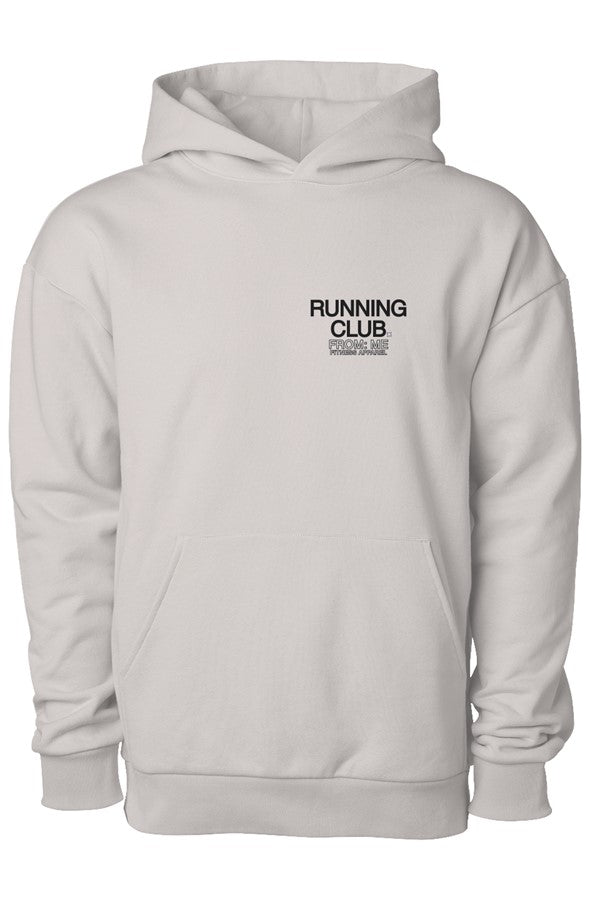 Light gray hoodie with 'RUNNING CLUB' text on a white background | From Me Fitness Apparel