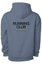 Blue hoodie with 'Running Club' text on the back against a white background | From Me Fitness Apparel