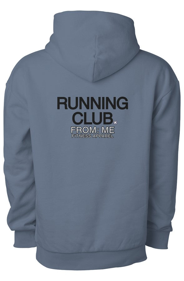 Blue hoodie with 'Running Club' text on the back against a white background | From Me Fitness Apparel