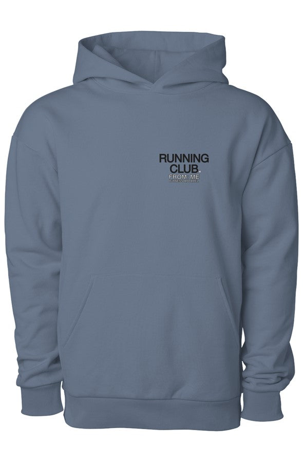 Blue hoodie with 'Running Club' text on a white background | From Me Fitness Apparel