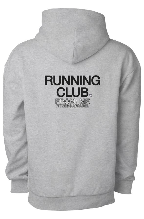 Gray hoodie with 'RUNNING CLUB' text on the back against a white background