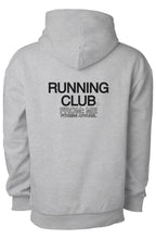 Gray hoodie with 'RUNNING CLUB' text on the back against a white background