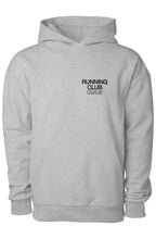Gray hoodie with 'RUNNING CLUB' text on a white background