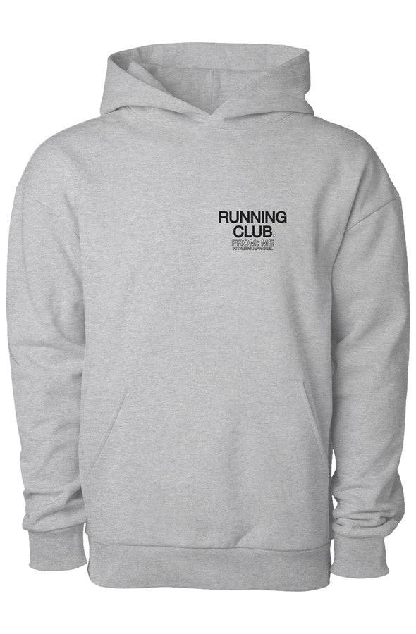 Gray hoodie with 'RUNNING CLUB' text on a white background