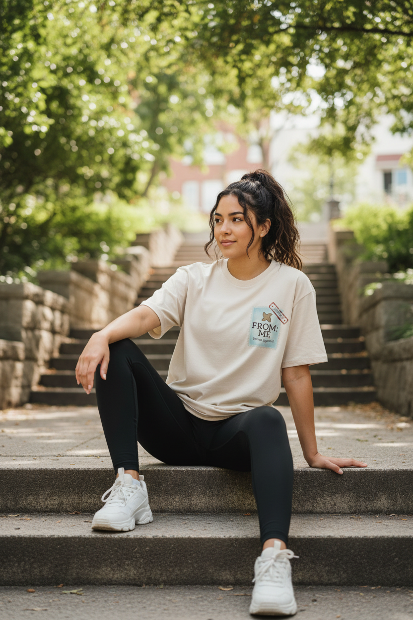 A woman sits on outdoor stone steps in a park, wearing a light beige graphic t-shirt with a 'FROM ME' print, black leggings, and white sneakers.