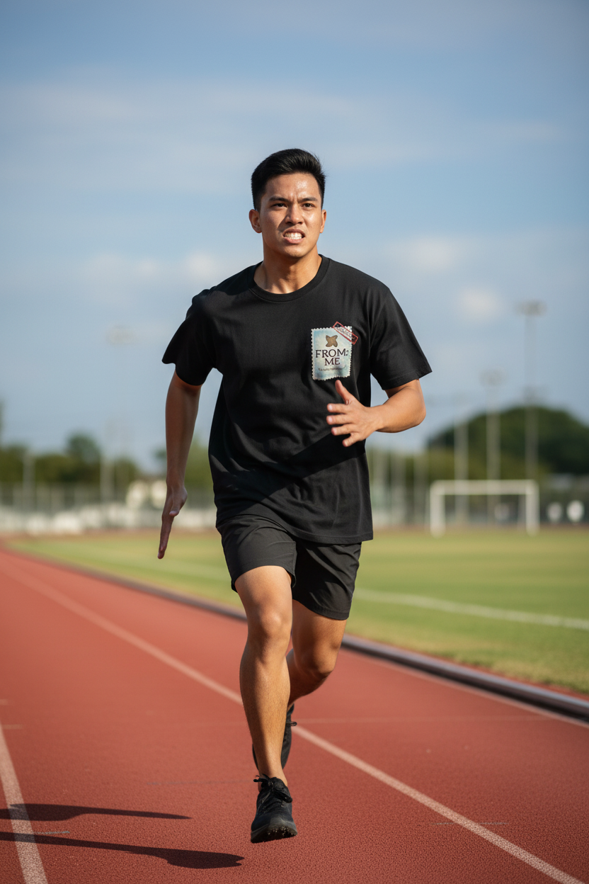 A man running on an outdoor athletic track wearing a black t-shirt with a small graphic on the chest and black shorts, with a red running track and green field in the background.