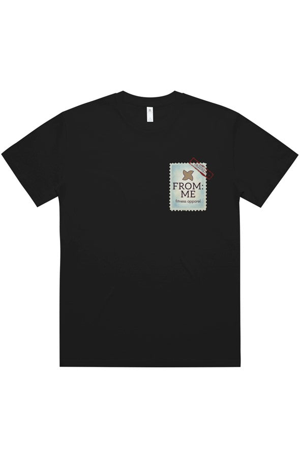 A black short-sleeve crewneck t-shirt with a small graphic print on the left chest depicting a postage stamp with the text 'FROM ME FITNESS APPAREL'
