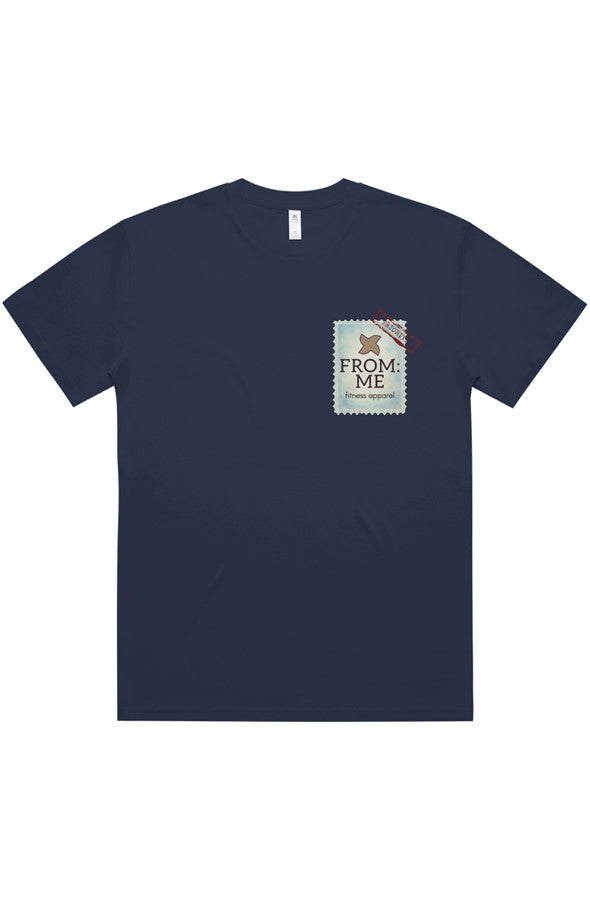 A navy blue short-sleeve crewneck t-shirt with a small rectangular graphic on the left chest that reads 'FROM ME' with a small illustration above it, displayed on a solid white background.
