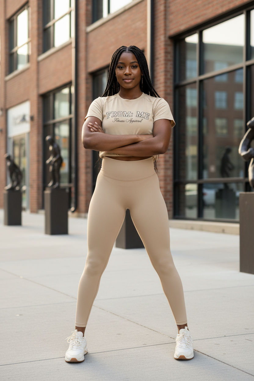 Woman in beige athletic outfit standing in an urban setting
