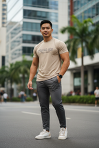 Man in beige t-shirt and gray pants standing on a city street with buildings and palm trees in the background.