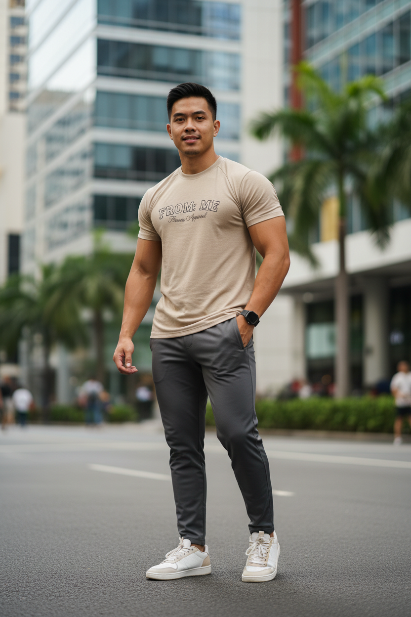 Man in beige t-shirt and gray pants standing on a city street with buildings and palm trees in the background.