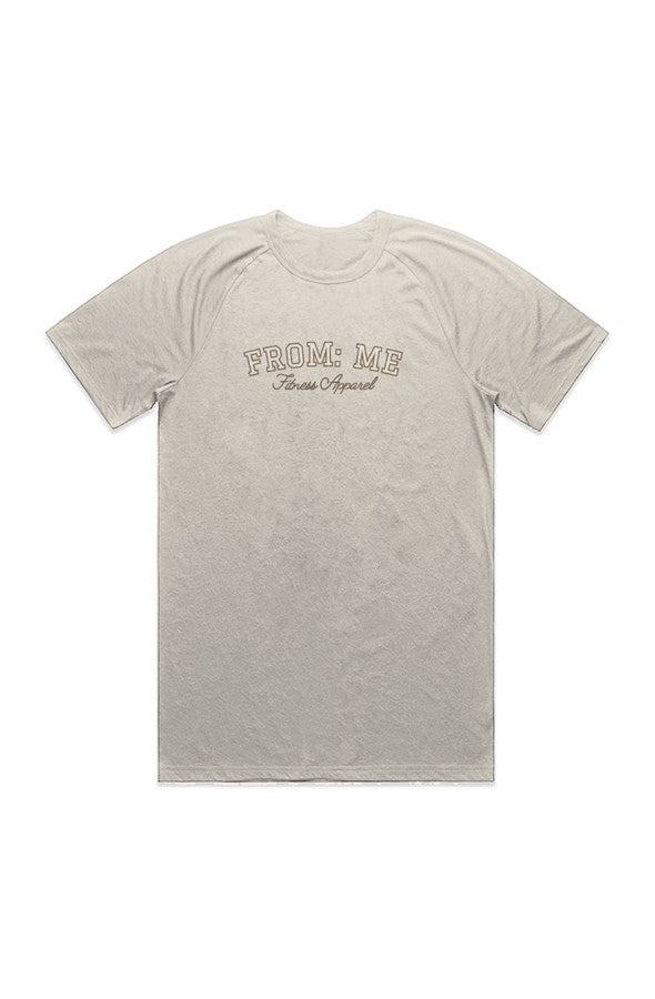beige t-shirt with text on a white background
