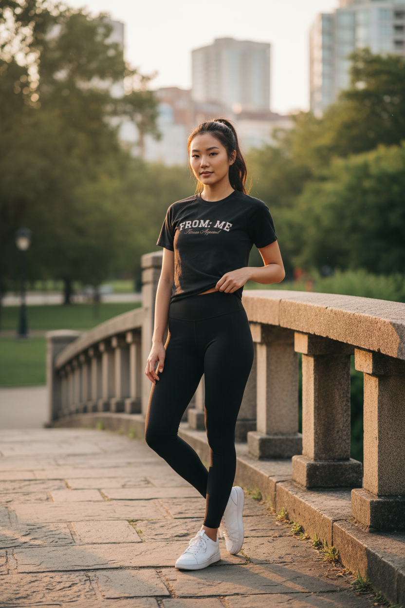 Woman in black t-shirt and leggings standing on a stone pathway with greenery and buildings in the background | From Me Fitness Apparel