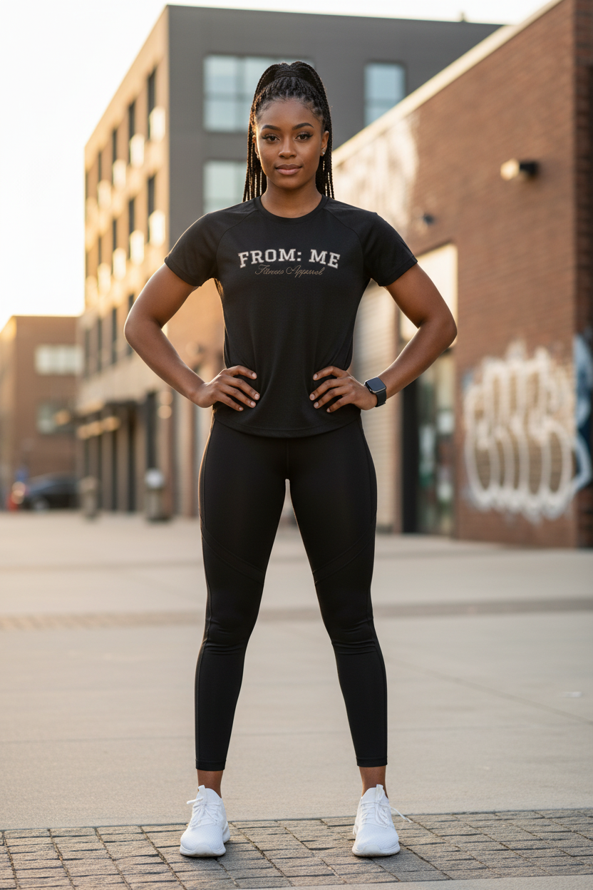 Woman in black athletic wear with 'FROM: ME' text standing outdoors.