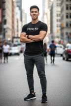 Man wearing a black t-shirt with 'FROM ME' text on a city street