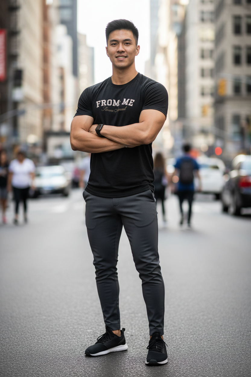 Man wearing a black t-shirt with 'FROM ME' text on a city street
