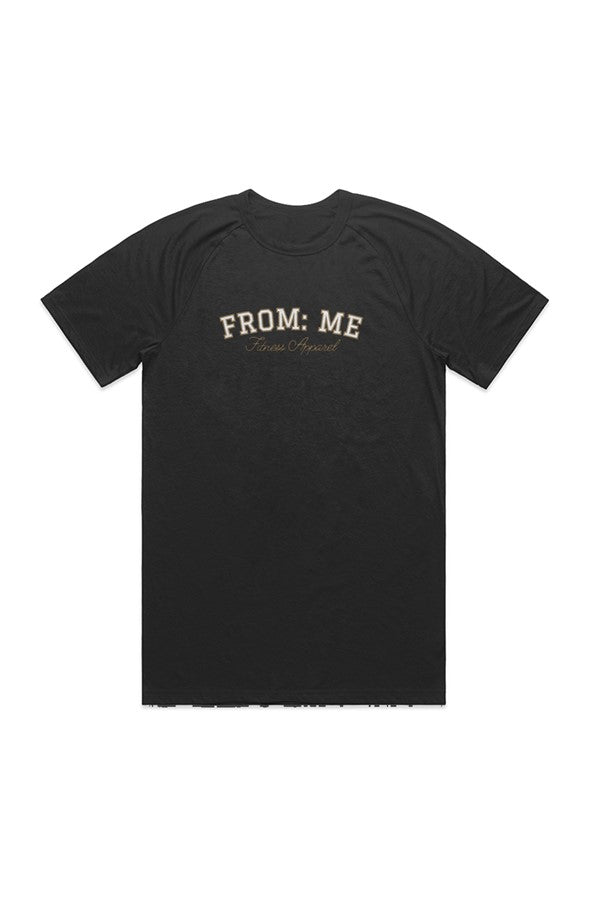 Black t-shirt with 'FROM: ME' text on a white background