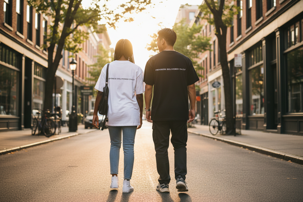 A man and a woman walk hand in hand down a city street, viewed from behind. The woman wears a white t-shirt with black text, and the man wears a black t-shirt with white text.